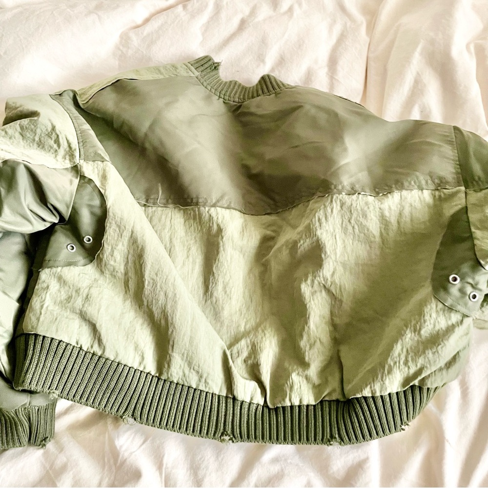ZARA Water Repellant Patchwork Bomber Jacket Green Oversized Size Medium Padded - Picture 7 of 13